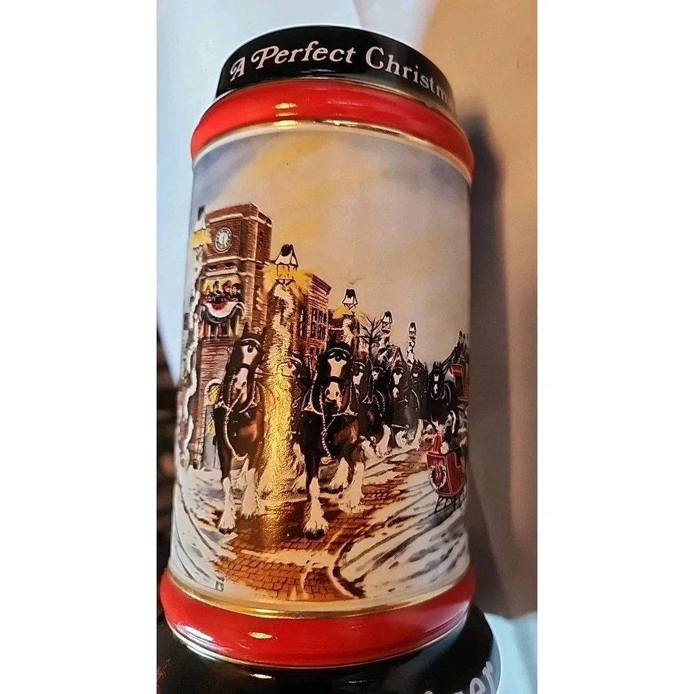 VTG 1992 Set Of 2 Budweiser Beer Christmas Steins Mugs Clydesdale Retro Art Gift